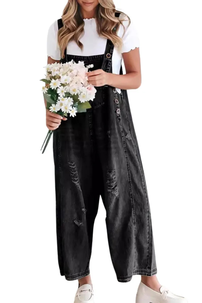 Women's Casual Adjustable Straps Denim Bib Overalls Distressed Ripped Wide Leg Jeans Long Pants Jumpsuits