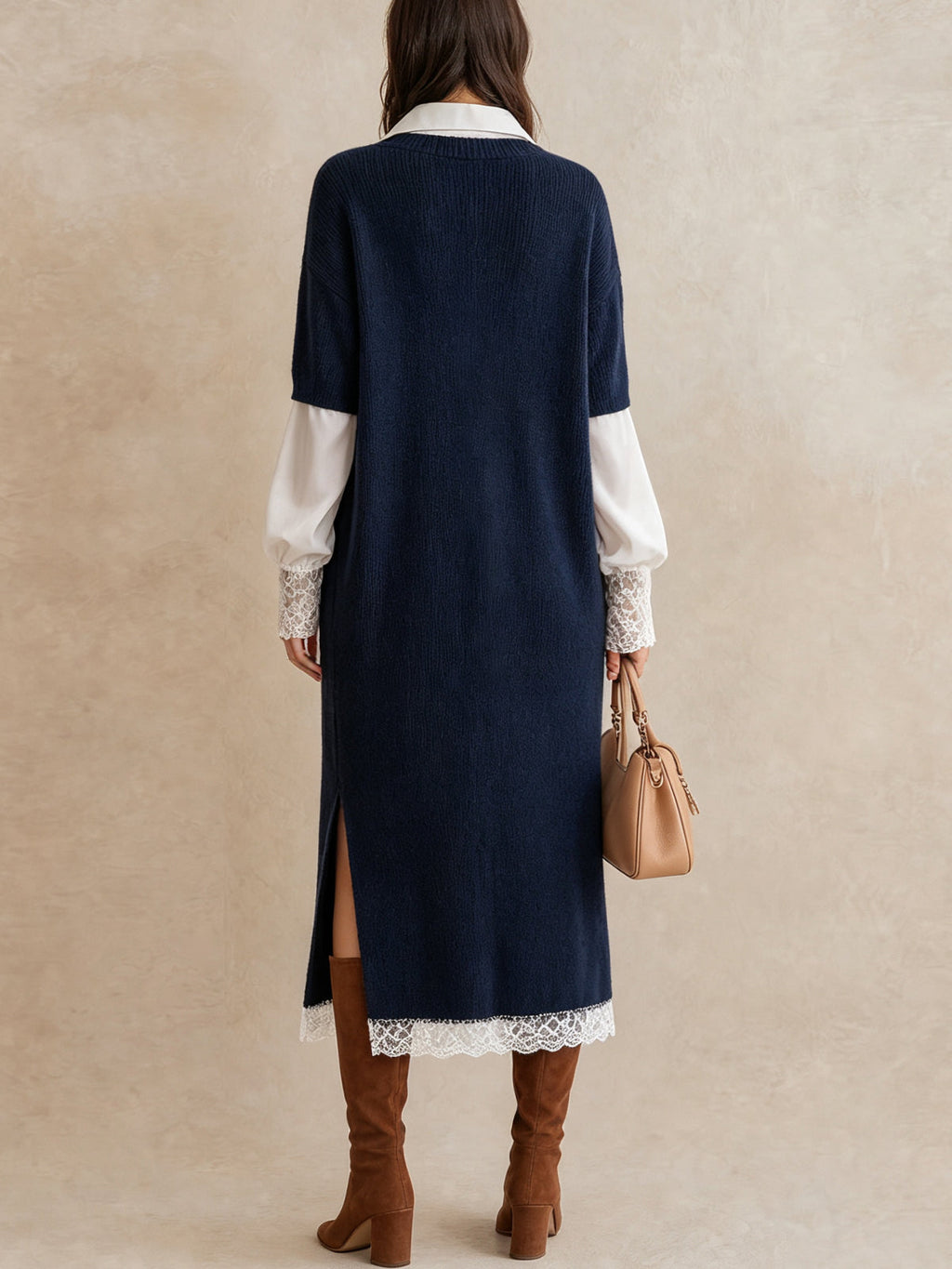 Navy Layered Lace Trim Knit Midi Dress