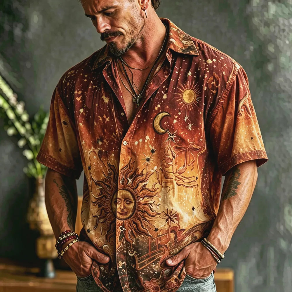 Vintage Celestial Sun Moon Star Print Short Sleeve Shirt For Men, Boho Western Rust Gradient Astrology Casual Button Down Blouse