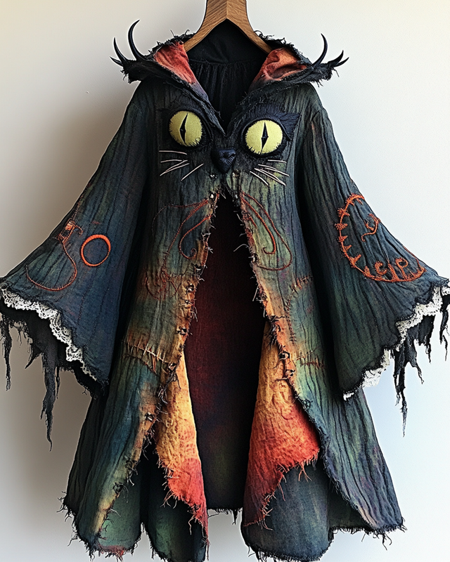 Halloween Themed Gradient Black Cat Embroidered Patchwork Hooded Cape b69b