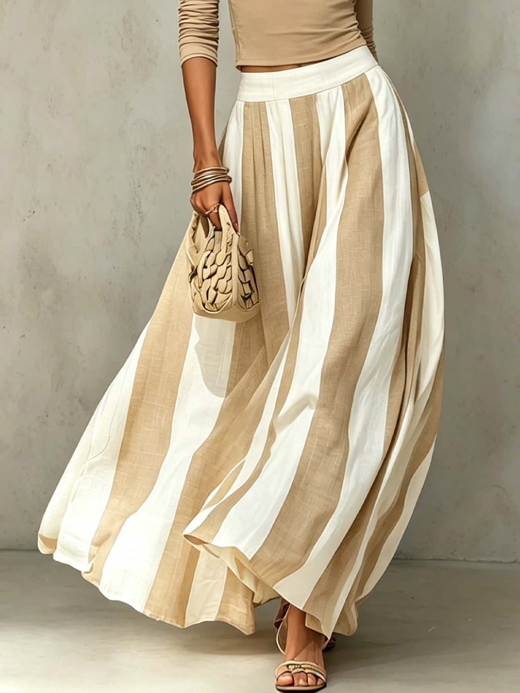 Beige And White Ruched Top And Striped Maxi Skirt Set