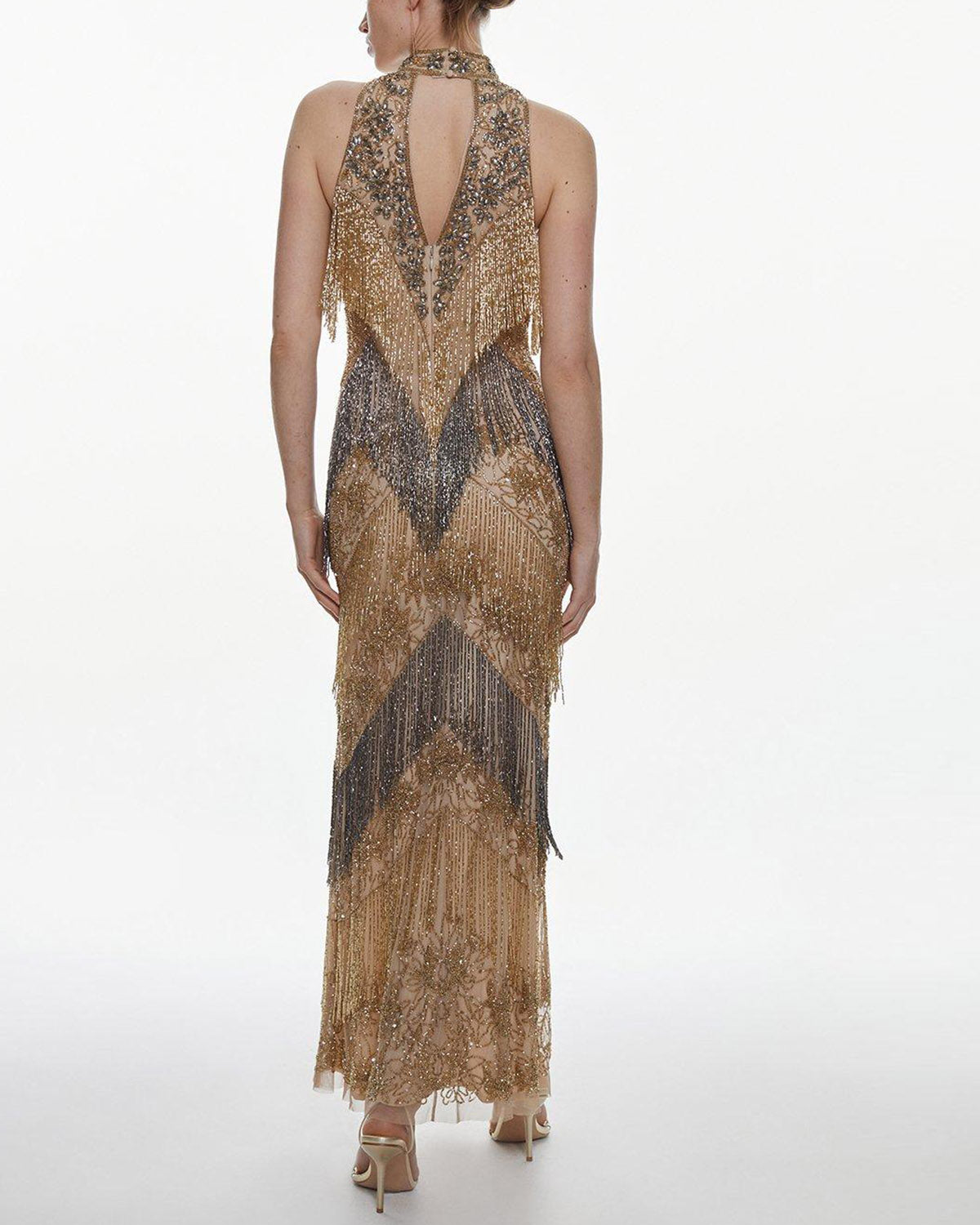 Nocturnal Rhythm: Embellished Fringed Halter Maxi Dress
