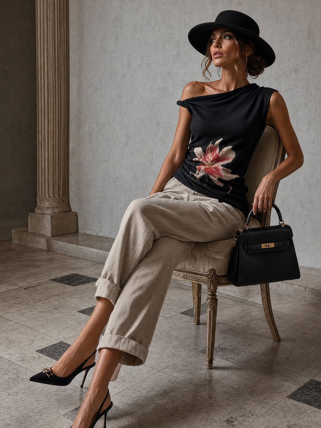 Black Asymmetric Sleeveless Floral Knit Top