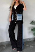 Women V-neck Printed Patchwork Denim Cardigan+ Pants Casual Set