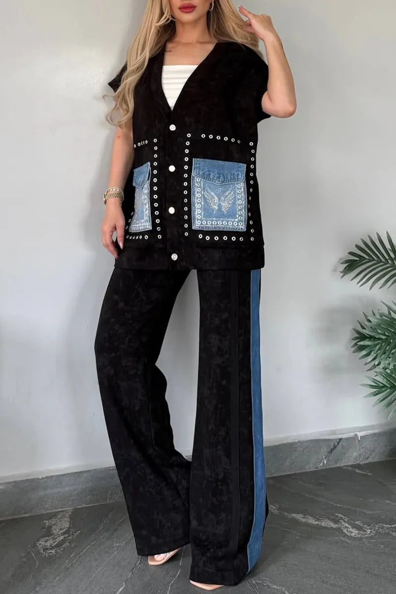 Women V-neck Printed Patchwork Denim Cardigan+ Pants Casual Set