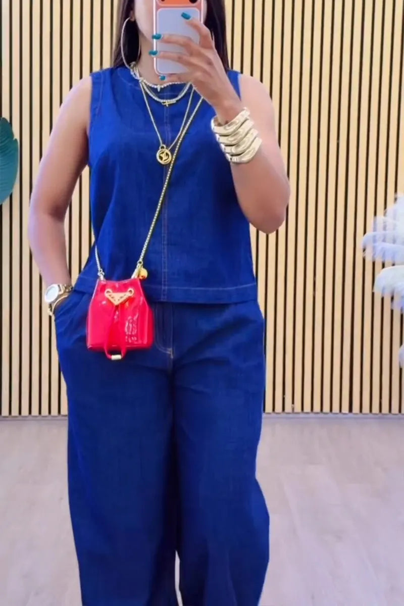 Women's Casual Crewneck Sleeveless Denim Vest or Wide Leg Jeans
