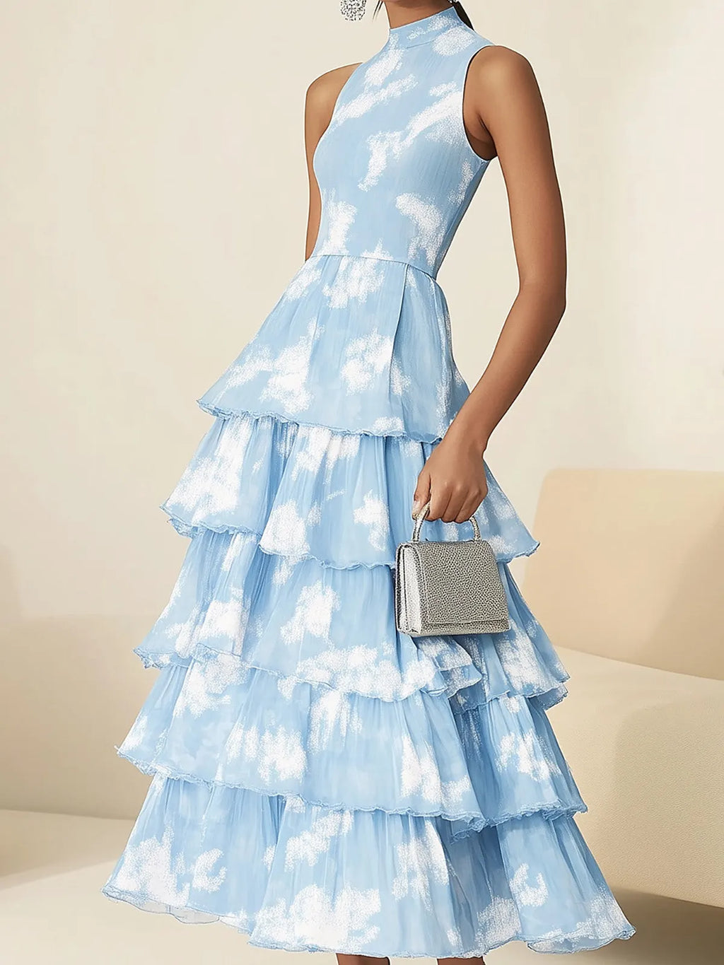 Light Blue Chiffon Printed Tiered Dress