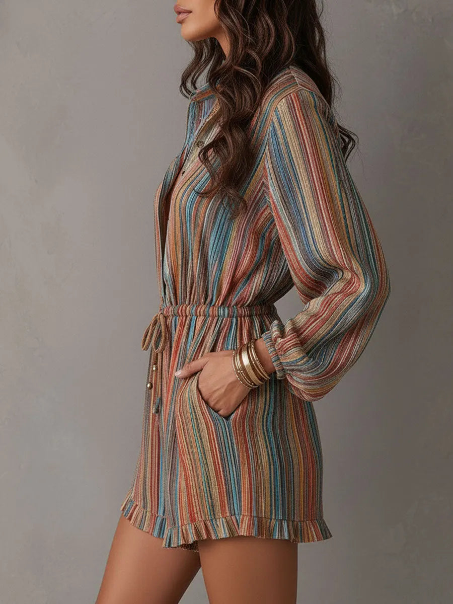 Boho Rainbow Stripe Cotton Linen Blend Drawstring Waist Romper