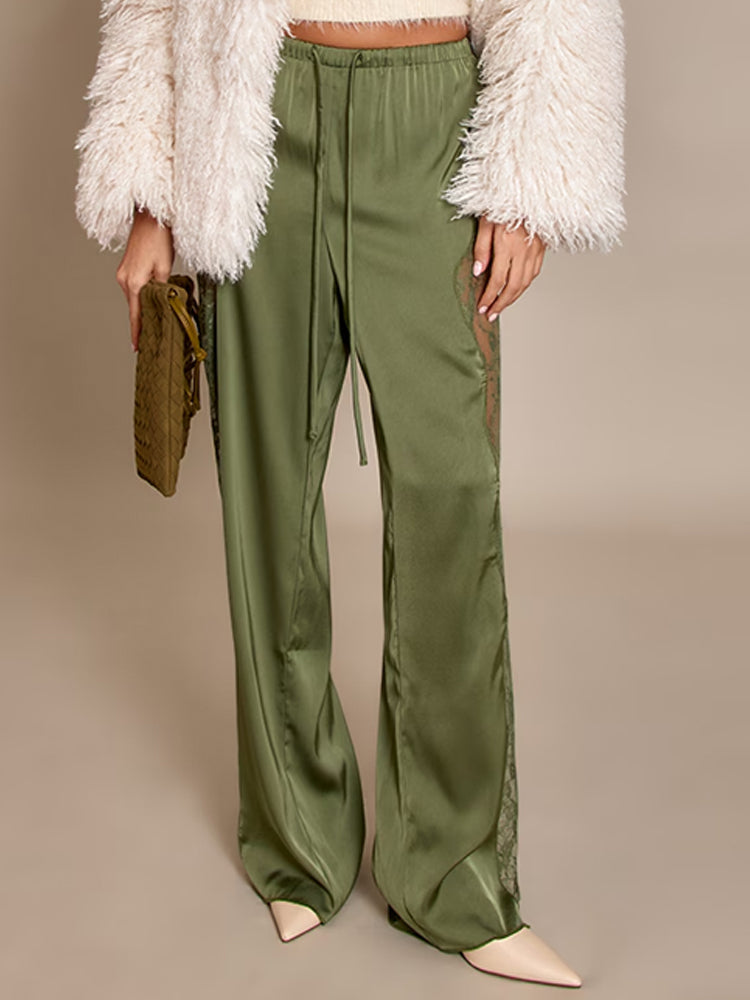 Deep Olive Satin Lace-Trim Drawstring Pants