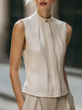 Pleated Front Sleeveless Stand Collar Blouse With Clean Tailored Silhouette