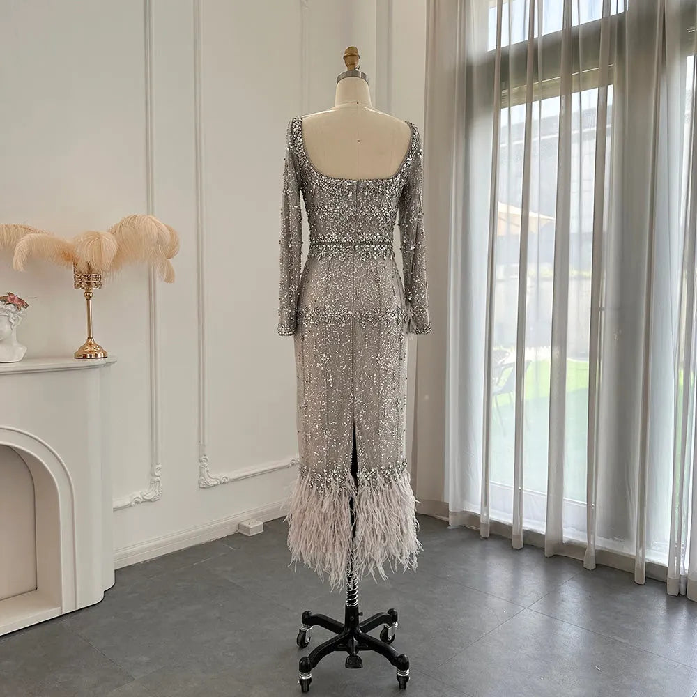 Dreamy Vow Bling Gray Mermaid Arabic Evening Dress with Cape Luxury Feather Dubai Formal Dresses for Women Wedding Party 279