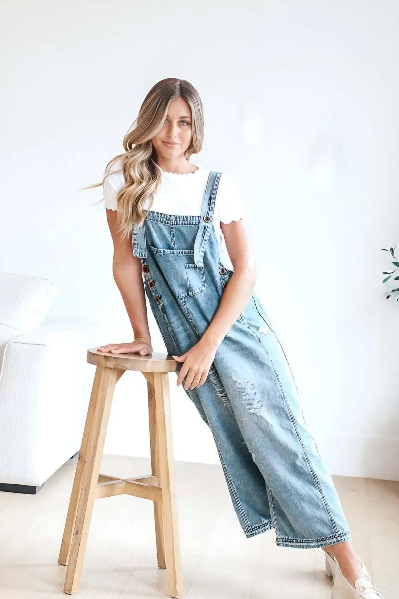 Women's Casual Adjustable Straps Denim Bib Overalls Distressed Ripped Wide Leg Jeans Long Pants Jumpsuits