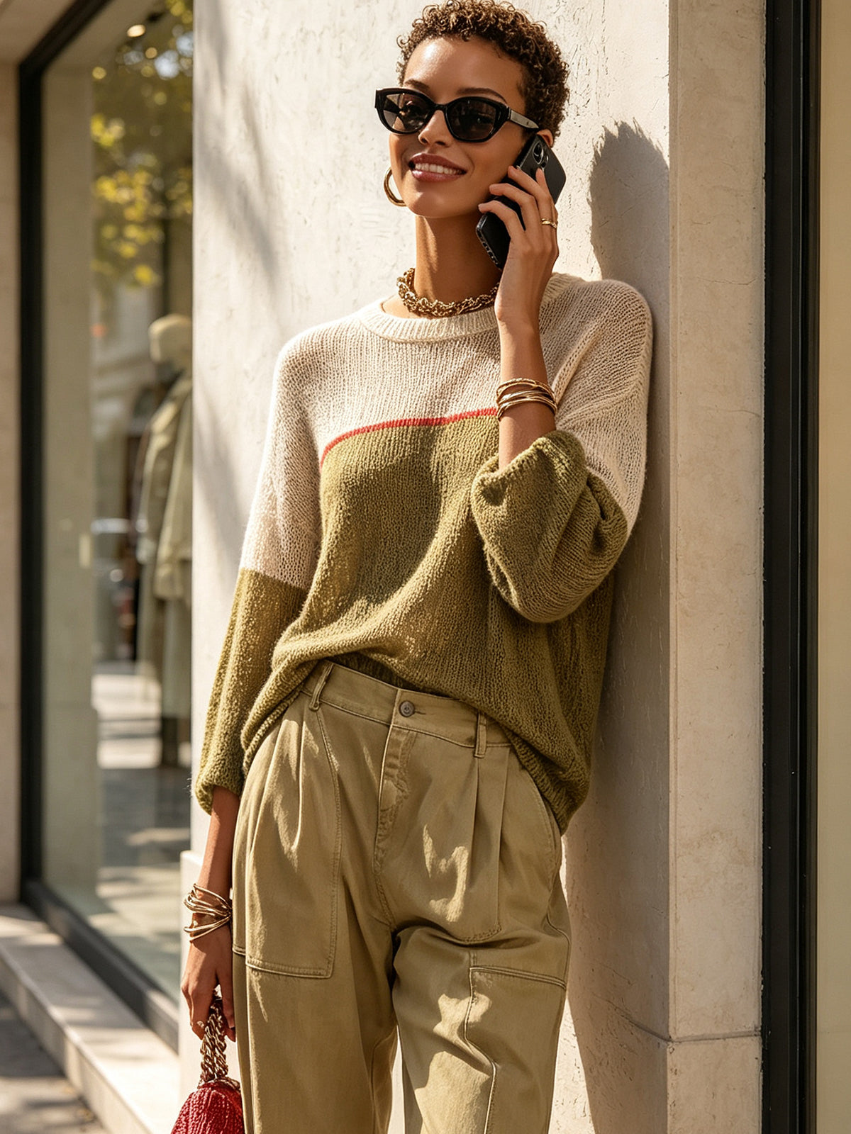 Olive Colorblock Lightweight Knit Sweater