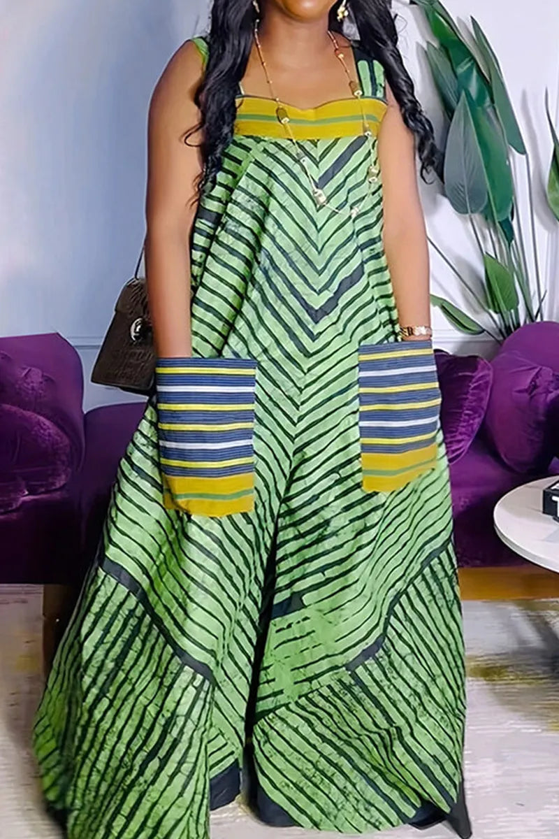 Women's Printed Pocket Suspender Wide Leg Vacation Jumpsuit