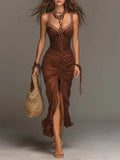 Bohemian Lace Trim Corset Ruched Midi Dress
