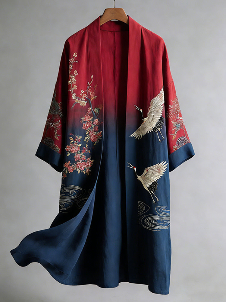 Men's Retro Japanese Cherry Blossom And Crane Art Linen Blend Kimono