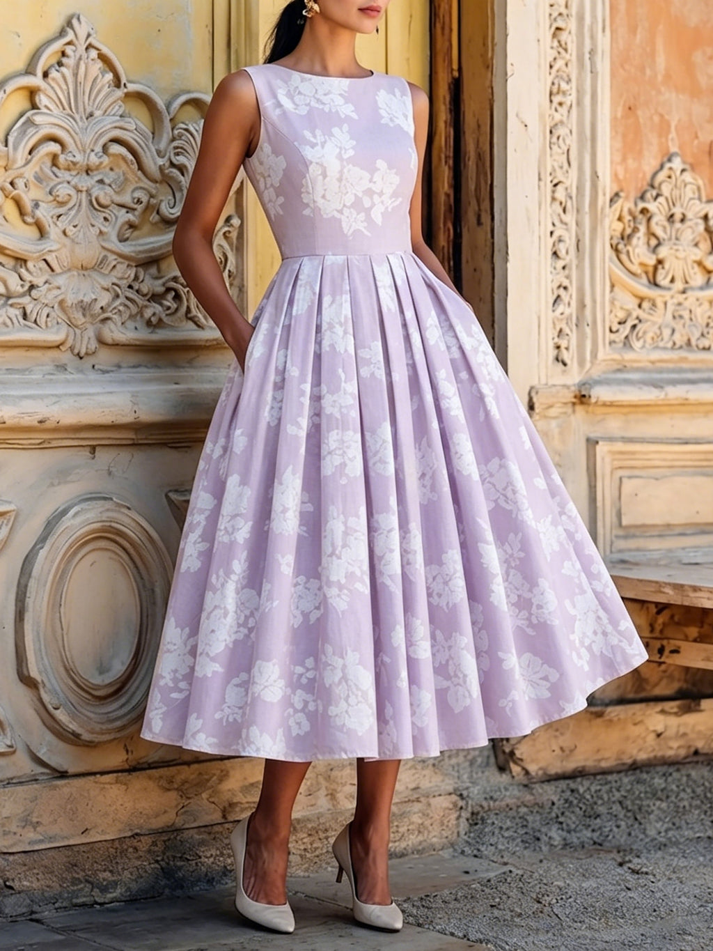 (SIZE:XS-XXL) Midi Linen Dress, Sleeveless, Linen Blend, Floral, Renaissance, Purple