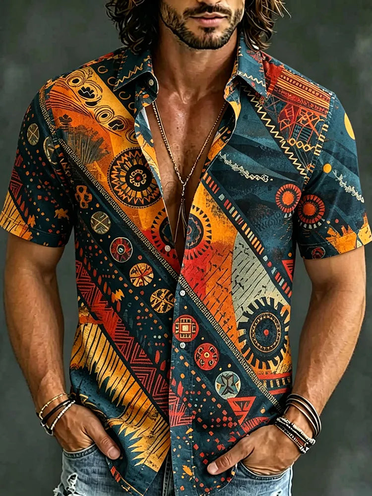 Men's Retro Abstract Geometric Pattern Casual Short-sleeve Shirt