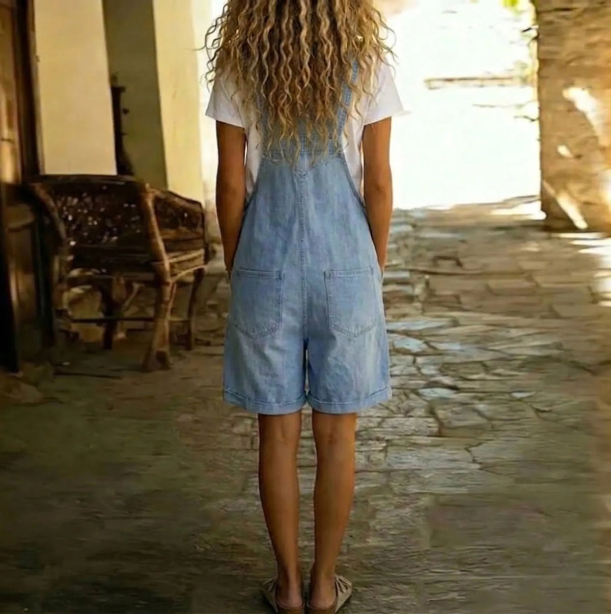 Denim Short Overalls Women Vintage Washed Light Blue Cotton