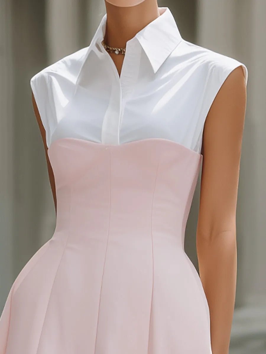 Structured Shirt-Collar Contrast Panel A-Line Midi Dress