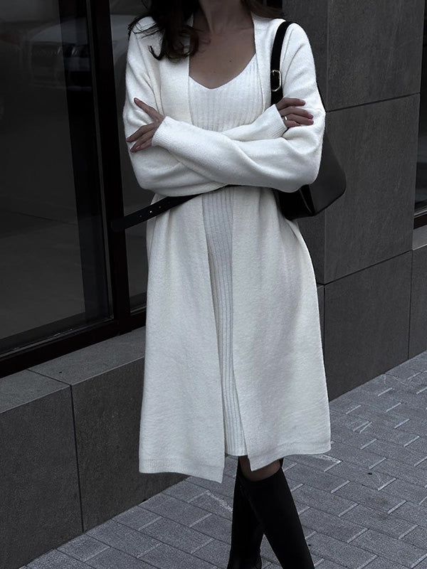 V-Neck Pullover Dress & Sweater Cardigan Set