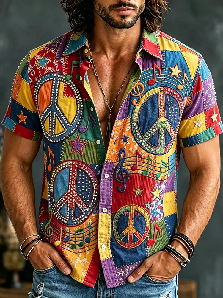 Men's Patchwork Hippie Musical Note Design Linen Shirt