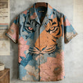 Japanese Art Retro Plant Flower And Tiger Pattern Men's Short Sleeve Shirt