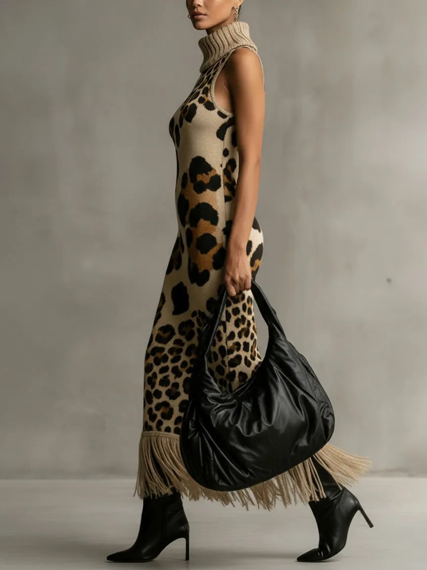 24-Hour-Shipping Brown Irregular Leopard Print Knitted Tassel Sleeveless Maxi Dress