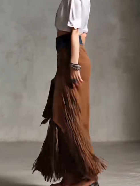 Tassel-Patchwork Denim Irregular Suede Skirt