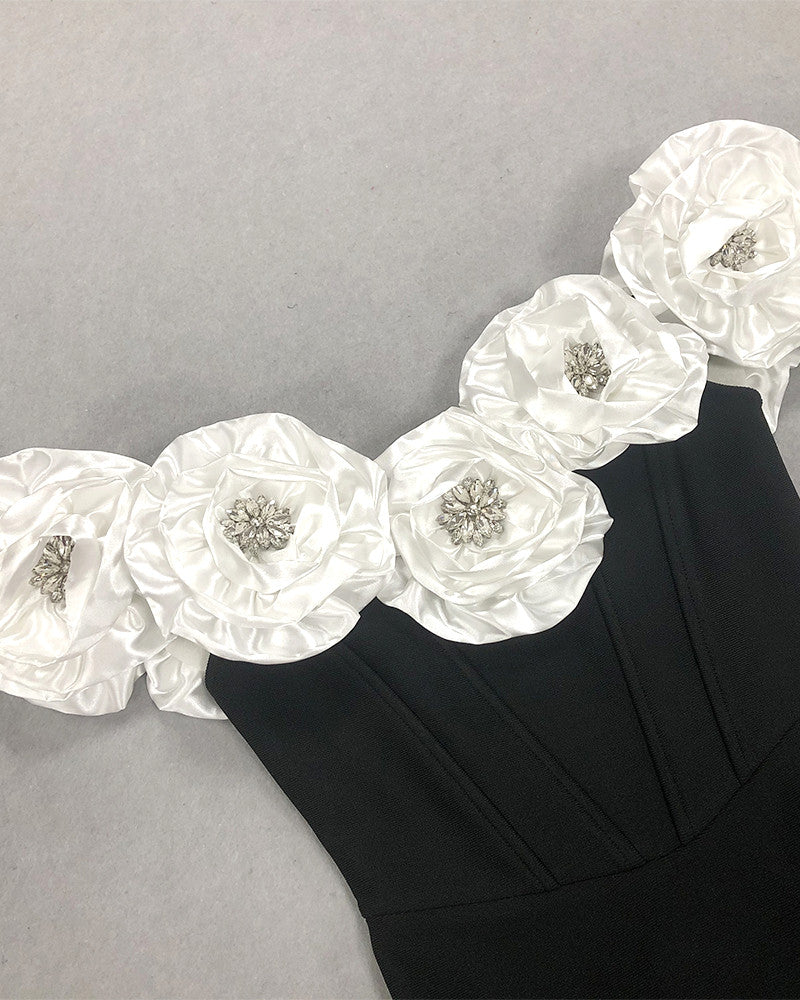 Crystal Detail Floral Bardot Maxi Dress Black White