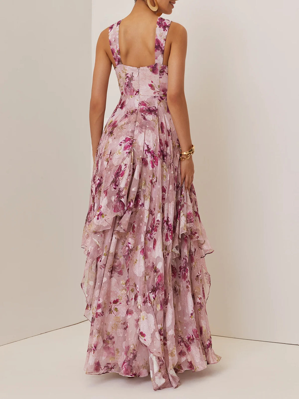 Pink Floral Jacquard Chiffon Sweetheart Neckline Sleeveless A-Line Floor-length Gown Dress