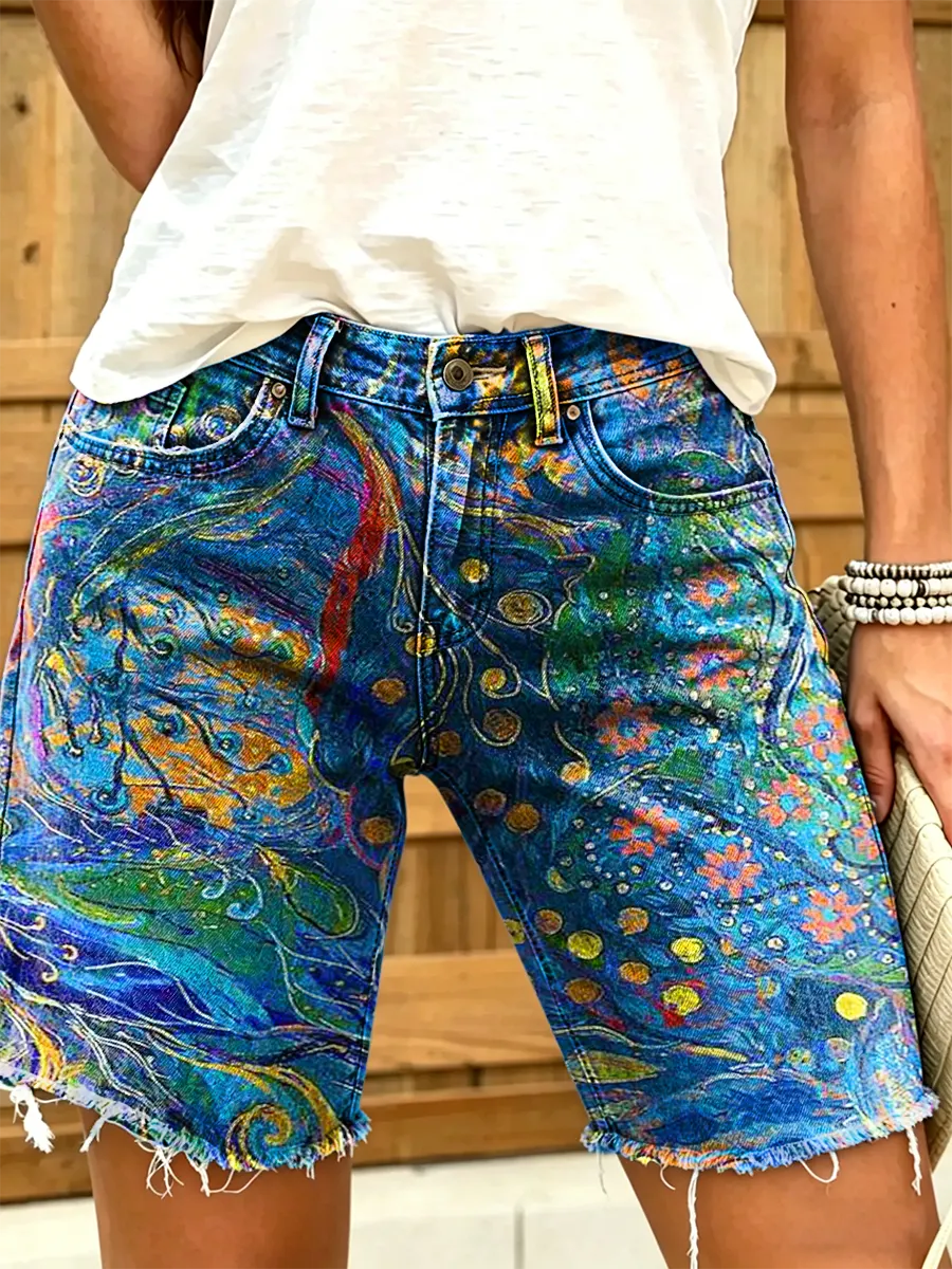 Women's Abstract Art Print Denim Bermuda Shorts