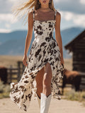 Western Cow Print  Sleeveless Ruffled Midi Dress