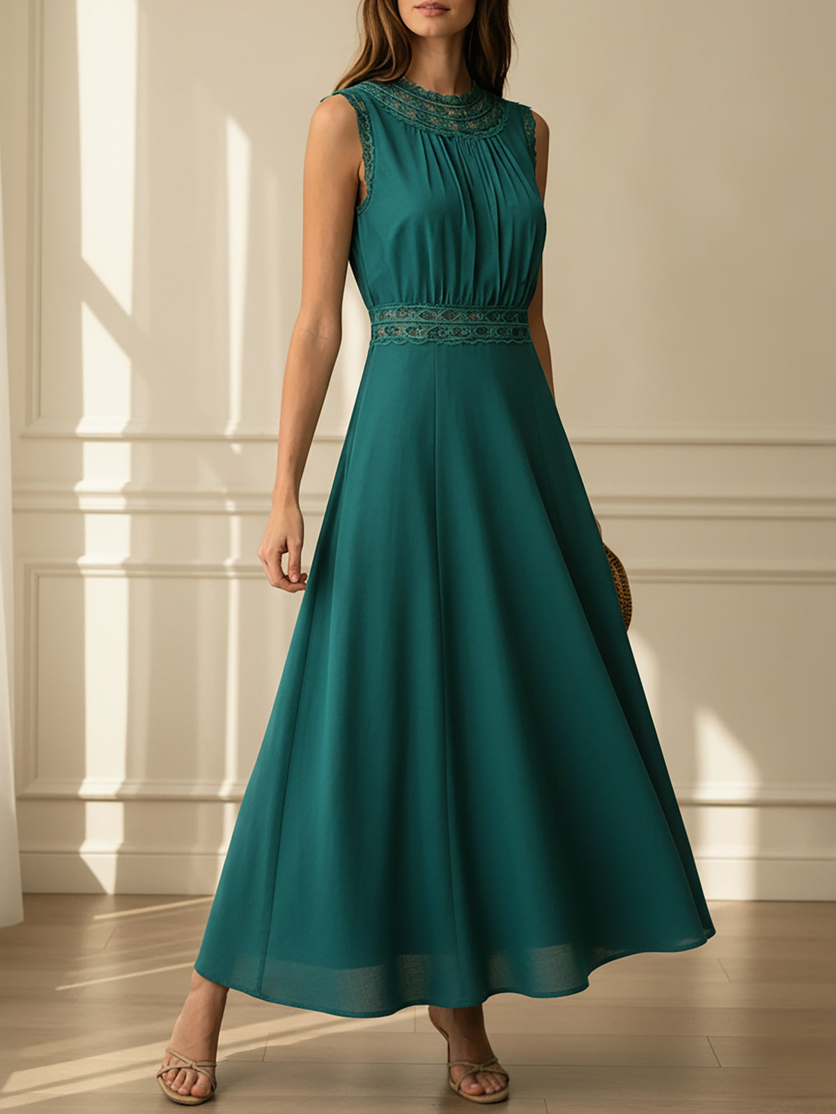 Maxi Linen Dress, Sleeveless, Crew Neck, Lace, Vintage, Green