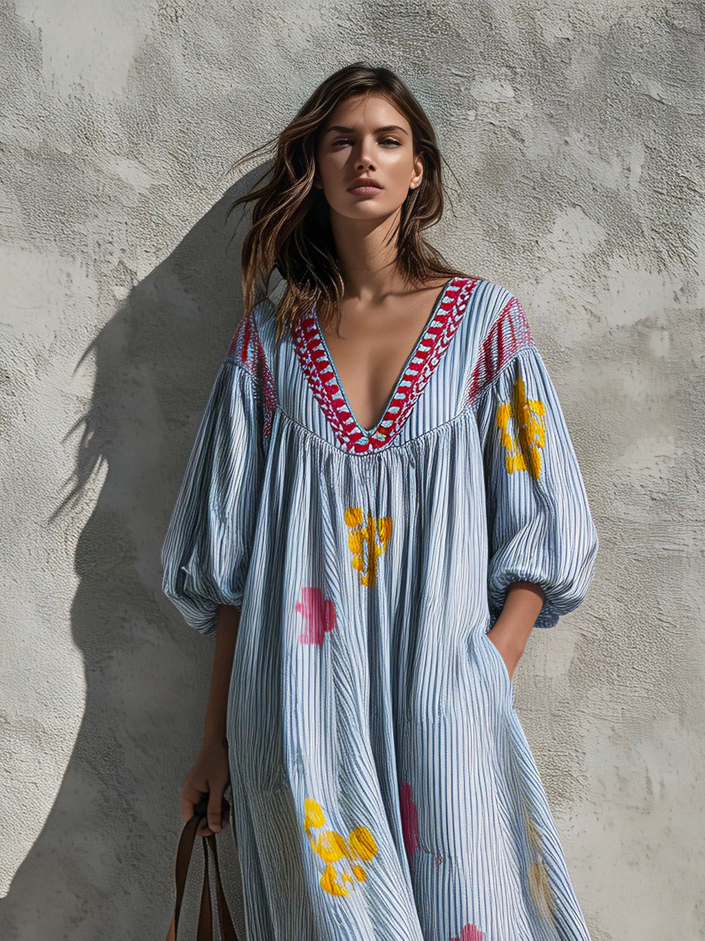 Women's Casual Blue And White Striped Print Woven Maxi Dress With V-Neck And Puff Sleeves MDZ2334G8LXY