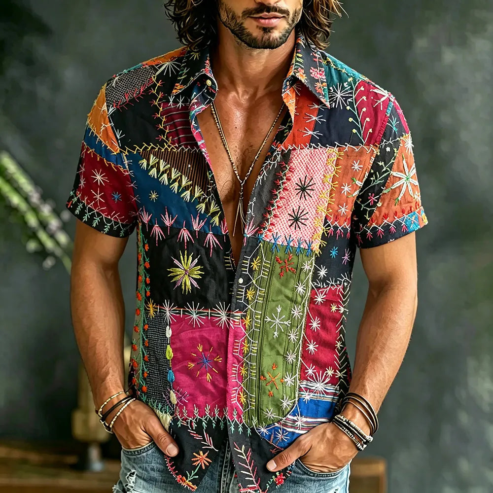 Men's Vintage Hippie Floral Embroidery Art Patchwork Casual Washed Shirt