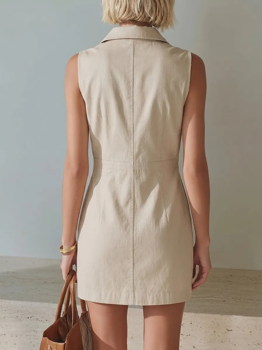 Beige Zippered Collar Sleeveless Straight Mini Dress