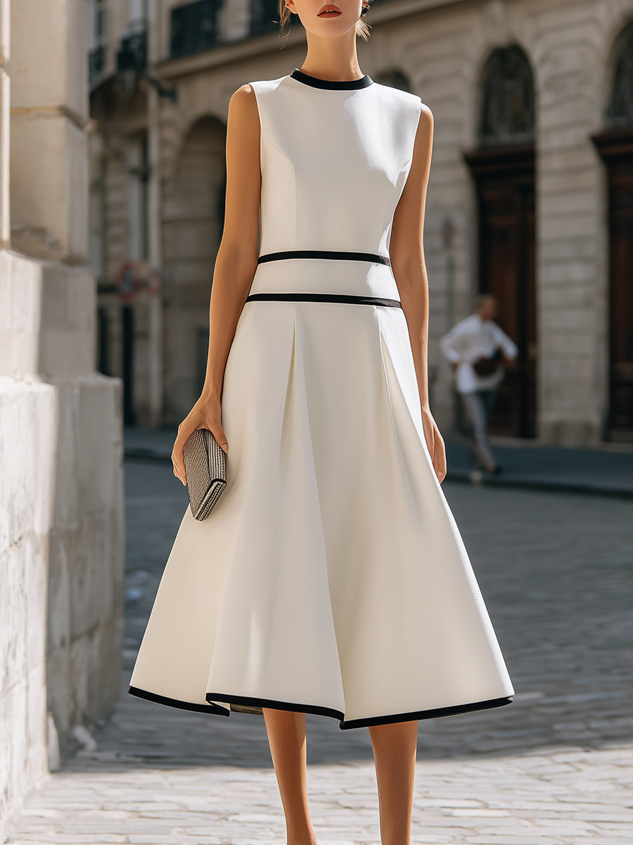 Structured Contrast Trim Sleeveless A-Line Maxi Dress