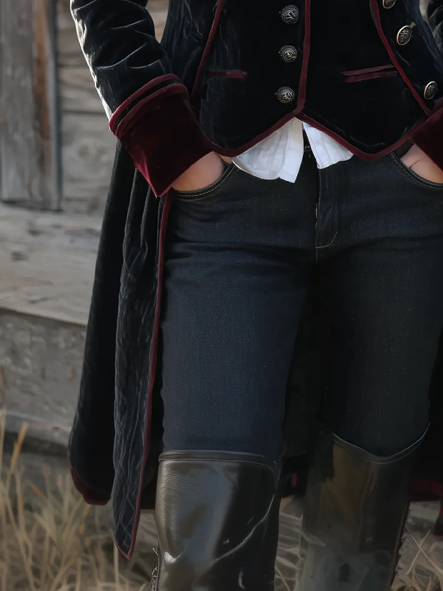 Vintage Contrast Trim Velvet Long Jacket