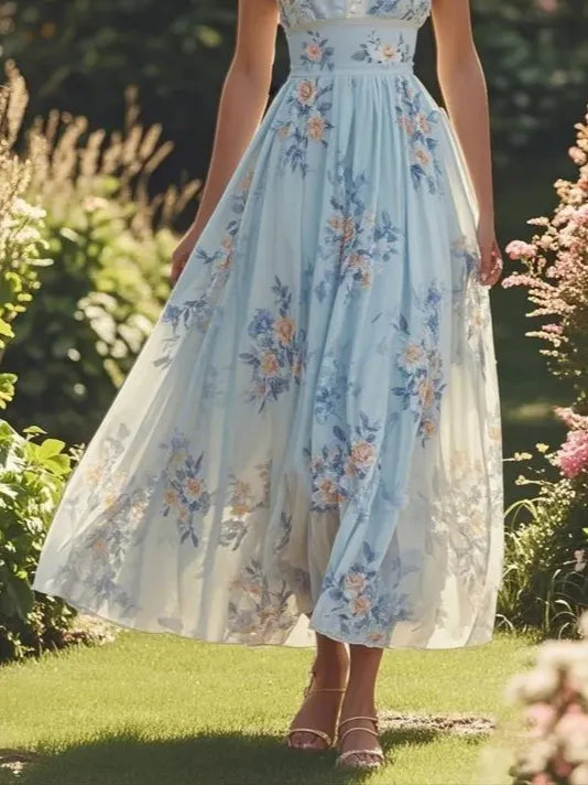 Light Blue Faux Pearl Floral V Neck A-Line Maxi Chiffon Dress