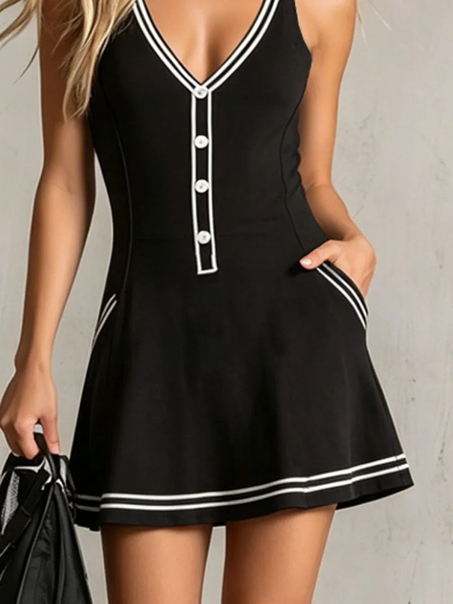 Black Color-blocked V-neck Sleeveless Mini Dress