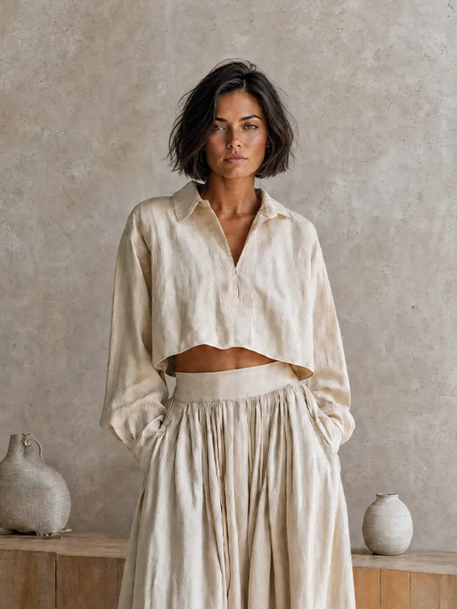 Women's Vacation-Style Beige Cotton-Linen Collared Dropped-Shoulder Long-Sleeve Cropped Top + High-Waist Pleated Wide-Leg Pants MDZ0766G0CMX