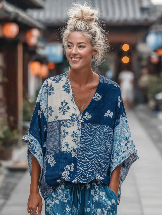 Women's Vintage Japanese Traditional Sashiko And Wave Patchwork Art Print Linen Tops