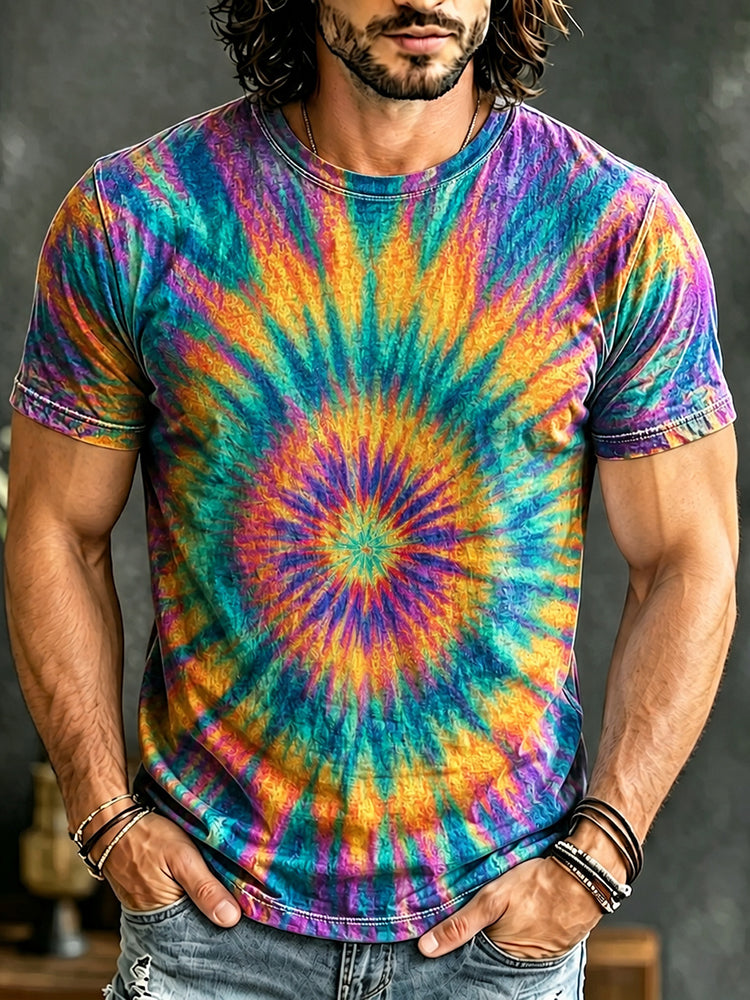 Men's Retro Hippie Tie-dye Art Print Crew Neck Short Sleeve T-shirt