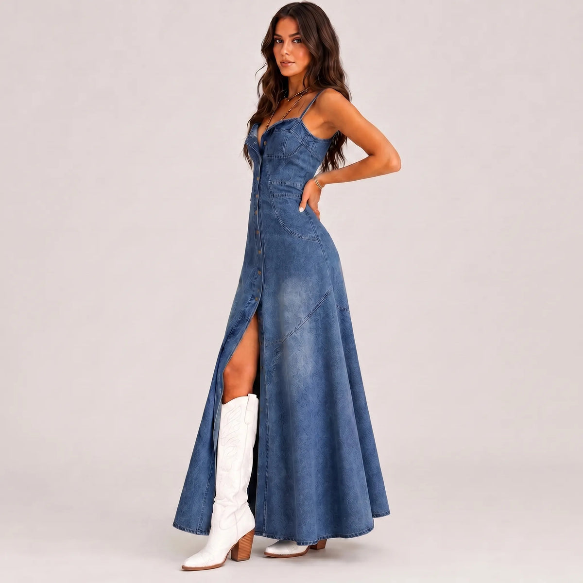 Stylish Button-Front Denim Maxi Dress