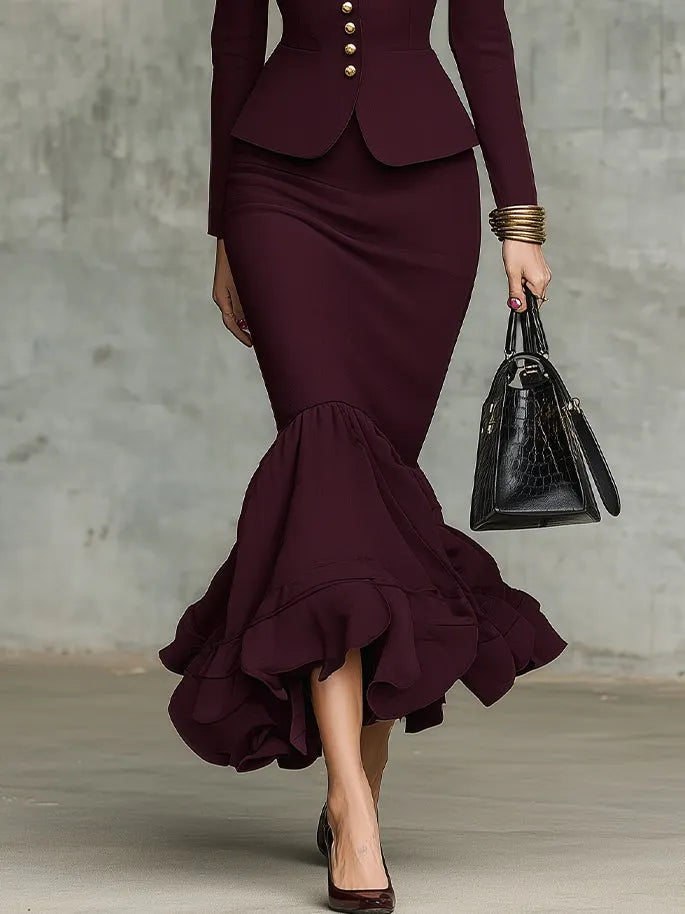 Burgundy Ruffled Hem Top and Skirt Set with Gold-Tone Buttons