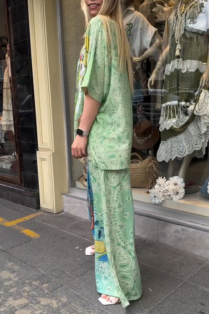 Women V-neck Gradient Printed Loose Casual Suit