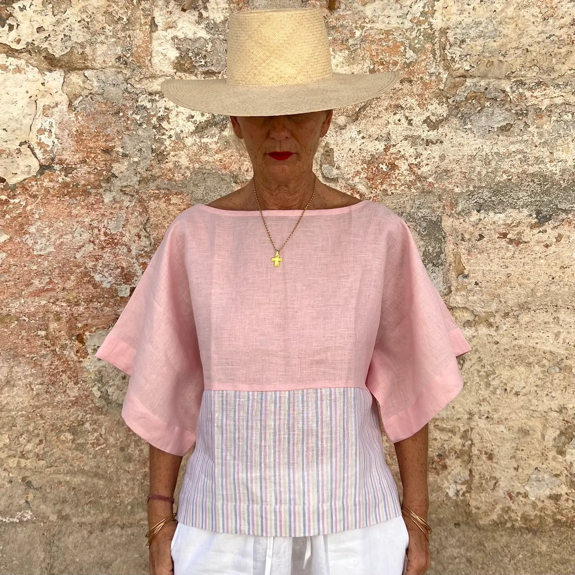 Jill Top New - French Bateau Neck Color-Blocked Striped Linen Blouse | Dadihouse