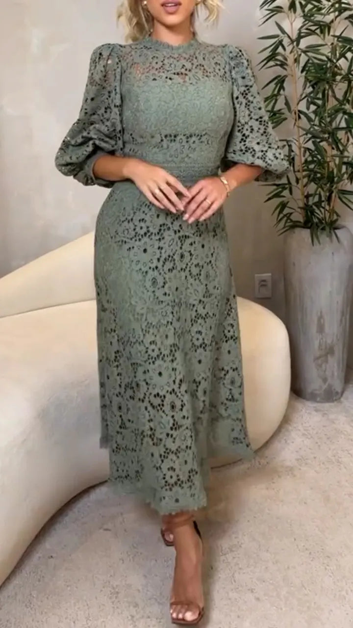 Women's Round Neck Lantern Sleeve Lace Hollow Dress