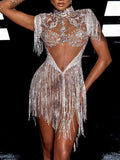 Gorgeous Embellished Shiny See-Through Hollow Tasseled Evening Mini Dress